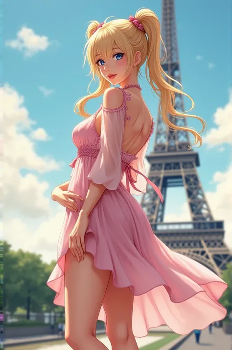 Beautiful mature woman sexy voluptuous blonde anime blue eyes long blonde hair tied in two long high pigtails with two bunguitos pink bohemian dress without shoulders transparent sleeve pink heels posing for the photo behind the tower Ifel full body anime ...