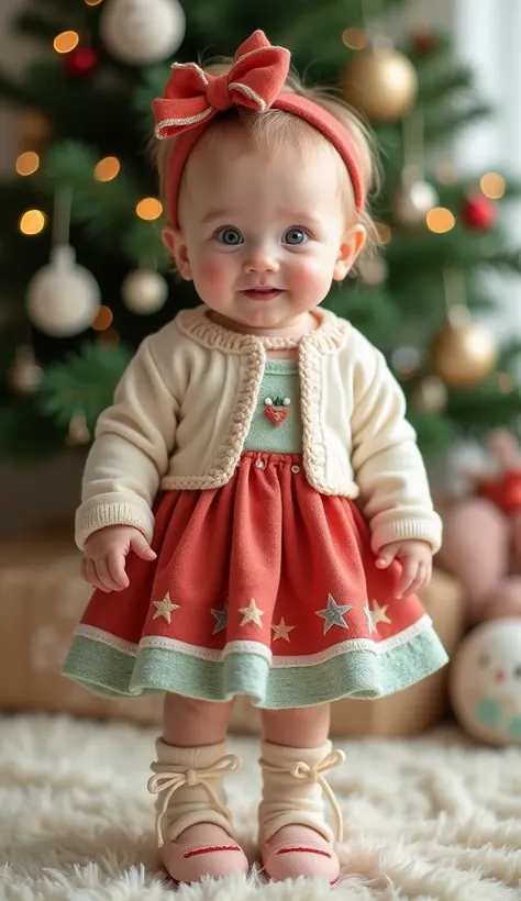 Realistic photo of Rosa ,  an adorable baby with fair skin and big blue eyes , with a charming smile. She wears a hair ribbon in a soft shade of red,  decorated with a small ribbon of gold fabric .  She is wearing a dress in a pastel shade of red ,  with d...