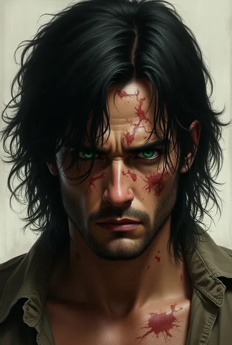 Man with longer black hair. green eyes. lots of scars . 