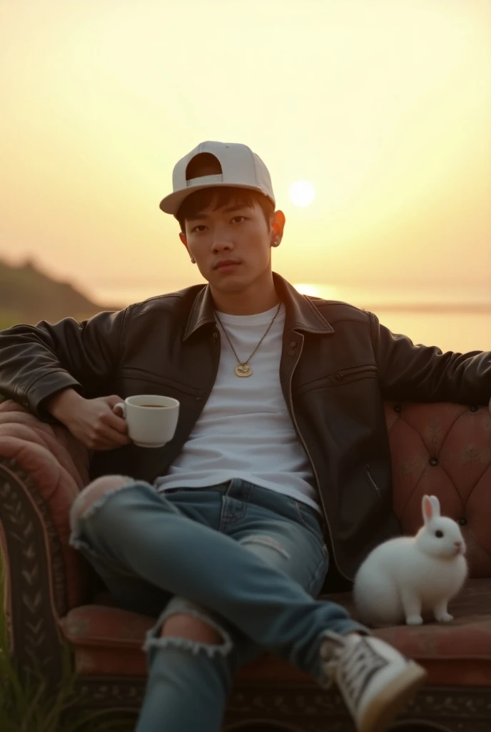 high angle camera, handsome Korean man, in a white snapback hat, wearing a leather jacket and ripped jeans, sitting on a sofa, an old burnt sofa, carrying a cup of coffee with his left hand, a white rabbit in his right hand, relaxing, on the beach, calm at...