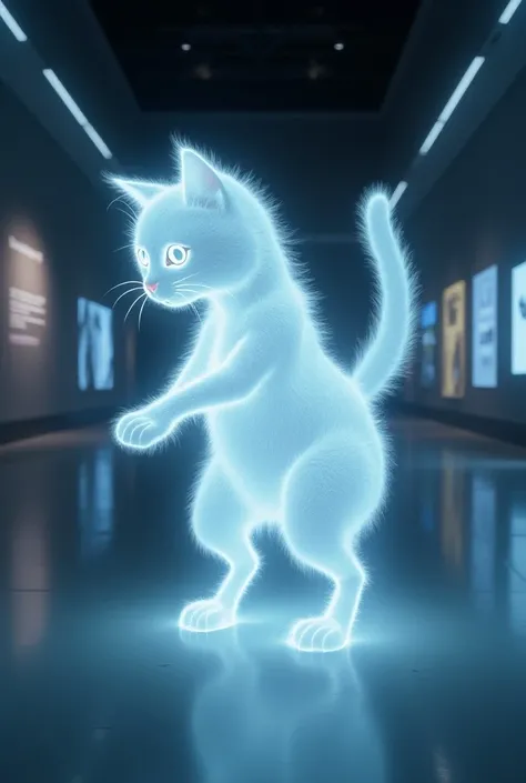  Futuristic Holographic Projected Image with Artificial Intelligence， but this developed a heartwarming aspect ，Holographic projection displayed as a cat ， inside the museum room inside the museum 