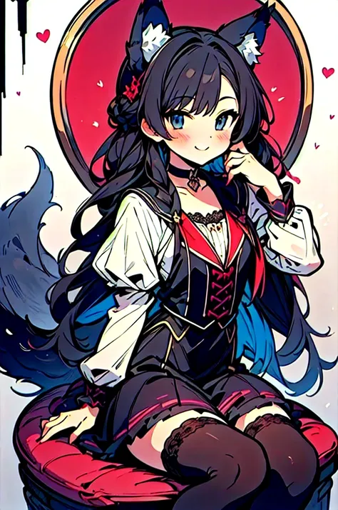 masterpiece,best quality,ultra detailed,(anime illustration, cute picture,bright color,DaysAI V3 style art work), 1 petite boy, wolf ears, wolf tail, black hair, long hair, choker, Gothic dress, garter stockings, super detailed, gorgeous lace, sitting on a...