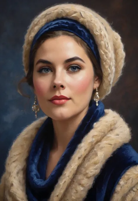 A beautiful women in a furlined dress. a large navy blue knitted velvet scarf. plush lips. large doe eyes. b-cup. The medium used to depict this artwork is oil painting, ensuring a high-quality and detailed result. The painting style is realistic and photo...