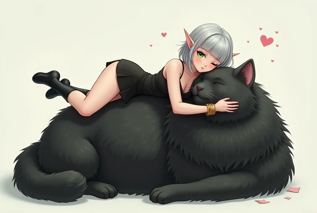 1 lady, solo, full body, A elven lady is sleeping on the back of a big fluffy black cat, silver bob cut, blunt bangs, green eyes. Pointy Ears, half-closed eyes, gold bangle, bare shoulder black mini dress, black short boots, simple background