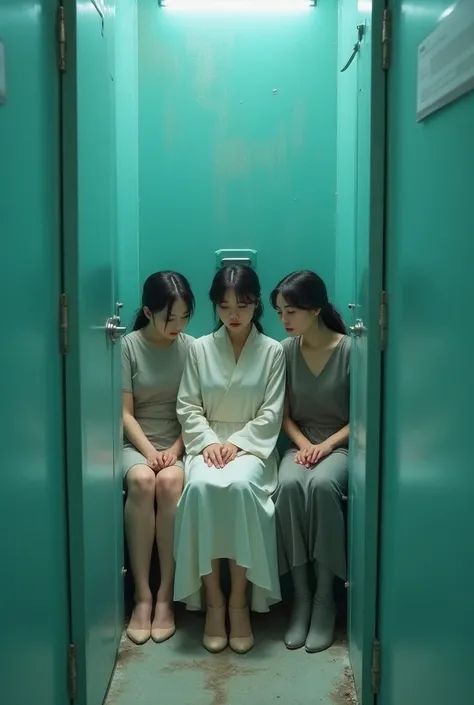  Several beautiful Chinese women in flat, knee-length boots sit and poop together in a particularly dirty open aqua toilet with no doors，