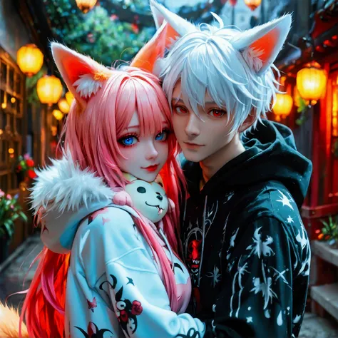 2characters, ((First female, Long pink hair, Fox ears, Blue eyes)), Basic goth hoodie, ((Second Male Short white hair, Fox ears, Red eyes)), Basic goth hoodie, , Hugging face to face