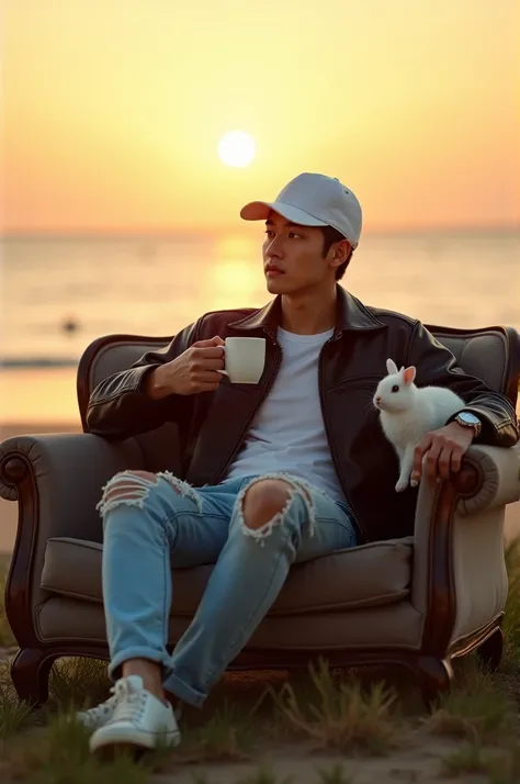 high angle camera, handsome Korean man, in a white snapback hat, wearing a leather jacket and ripped jeans, sitting on a sofa, an old burnt sofa, carrying a cup of coffee with his left hand, a white rabbit in his right hand, relaxing, on the beach, calm at...