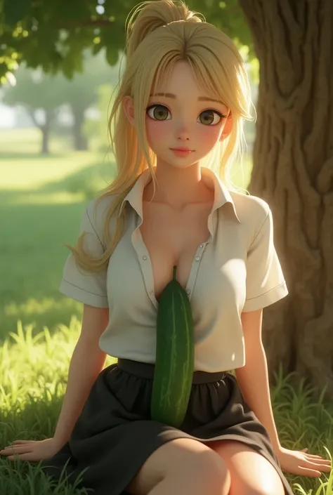 Create a 3D cinematic character of a beautiful Korean girl with long emo hair in a blonde ponytail, sitting under a big tree, very big breasts, visible cleavage, wearing a white shirt, wearing a skirt Short black and sitting with her legs apart and there i...