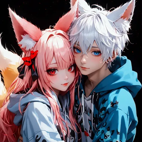 2characters, ((First female, Long pink hair, Fox ears, Blue eyes)), Basic goth hoodie, ((Second Male Short white hair, Fox ears, Red eyes)), Basic goth hoodie, , Hugging face to face