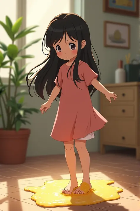  A barefoot Asian girl ， with long, beautiful hair ，At home， standing on a piece of glue ， The glue is very sticky  ，  her foot sticks to the bottom of her foot  ，  Shes trying to lift one foot off the glue ， Her foot is in the air ，  The glue sticks to th...