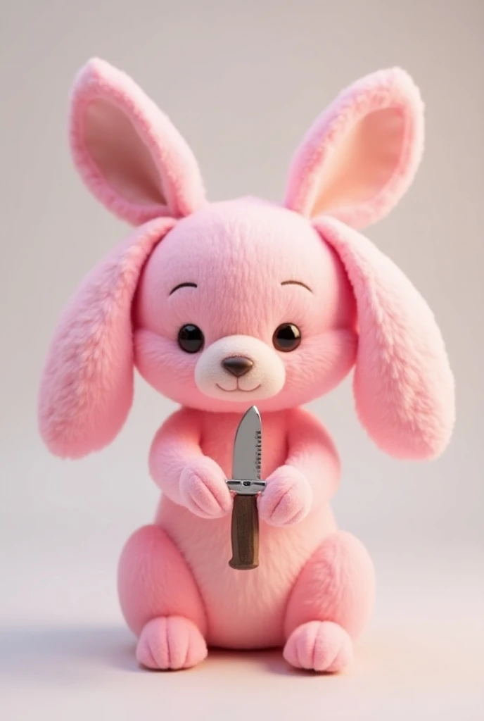 Pink plush bunny with ears down holding a mini toy knife