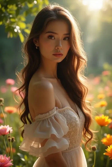 a beautiful young woman, elegant dress, long flowing hair, serene expression, standing in a lush garden, surrounded by colorful flowers, sunlight filtering through the trees, (best quality,4k,8k,highres,masterpiece:1.2),ultra-detailed,(realistic,photoreali...