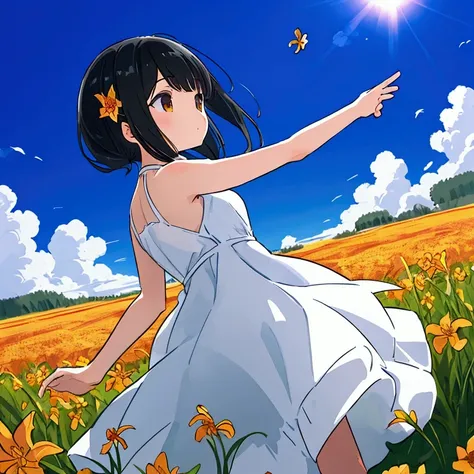 girl dancing on the hemerocallis flowers field, white dress, black hair, background sunny blue sky,