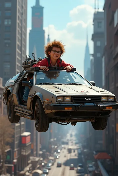 Create a flying car that has a crazy scientist who created this car on top of a Delorea and there is a boy named Jourmann who drives that car and ends up causing a lot of crap