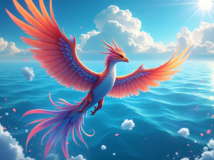  a bird from the sky super bright like a dragon ,  flying over the sea showing us detailed colors from above, deep, 8K,anime style saturated colors with fine details 