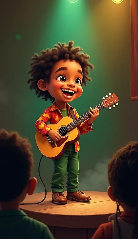 Subject: Depict a young boy, approximately 8–, with an appearance inspired by Bob Marley.

Skin Tone: He should have a warm, medium-brown skin tone with natural highlights to suggest lively, healthy skin.

Facial Features: Give him a joyful, expressive fac...