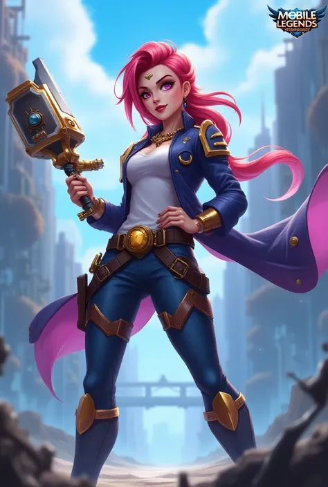  Create a high-quality, vibrant portrait of Beatrix from Mobile Legends: Bang Bang. Show her in a confident pose, holding her signature weapon with intricate mechanical details, and give her a fierce, determined expression. The background should be bright,...