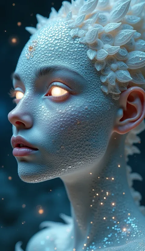  A close up of the face of a mystical humanoid creature , completely covered by tiny scales that look like translucent mirrors,  reflecting the silver light of a full moon .  The scales are arranged in intricate patterns ,  creating a soft and continuous g...