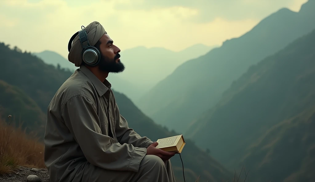 Punjabi, wearing a hat A godly  blank face man sitting on a mountain in a natural setting looks up at the sky & A big headphone in his ear and he is listening to Quran recitation. Dark Photo.