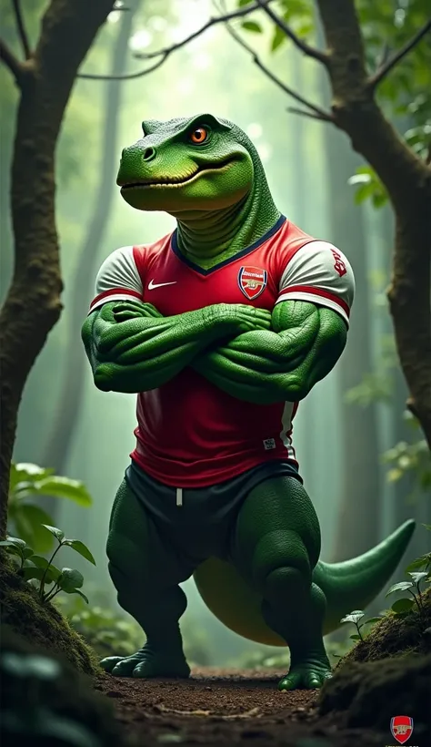 A fierce, muscular humanoid Gunnersaurus, the mascot of Arsenal, standing in the midst of a dense forest. His green, scaly skin blends with the natural surroundings, but his Arsenal jersey stands out boldly on his powerful chest. His muscular arms are cros...