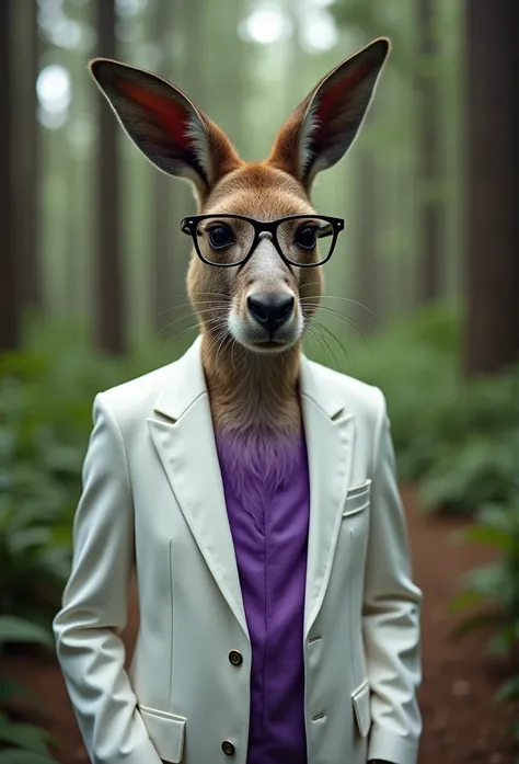 Ultra realistic Hd kangaroo purple stunning photo with white suit purple breast glasses forest background