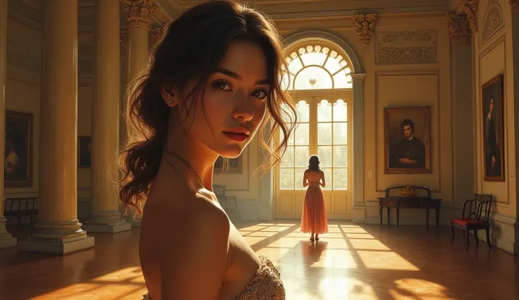 a beautiful art gallery, highly detailed, 1 girl in elegant dress, detailed face and eyes, photorealistic, award winning painting, oil on canvas, chiaroscuro lighting, dramatic shadows, warm color palette, golden hour, intricate architecture, ornate frames...