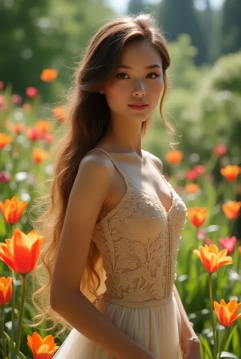 a beautiful young woman, elegant dress, long flowing hair, serene expression, standing in a lush garden, surrounded by colorful flowers, sunlight filtering through the trees, (best quality,4k,8k,highres,masterpiece:1.2),ultra-detailed,(realistic,photoreali...