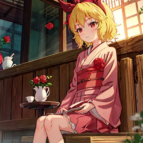 kagamine rin , blonde 、、red eyes、beautiful girl alone、kimono、mini skirt、vibrant red rose garden、 sitting