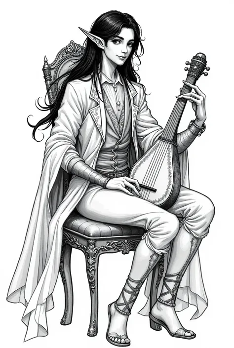 a slender male fantasy elf with a happy smile, sharp facial features, and porcelain-like skin tone, adorned in intricate, ornate bard attire with billowing sleeves and a fitted waistcoat, wearing fitted pants with ornate embroidery down the leg seams, his ...