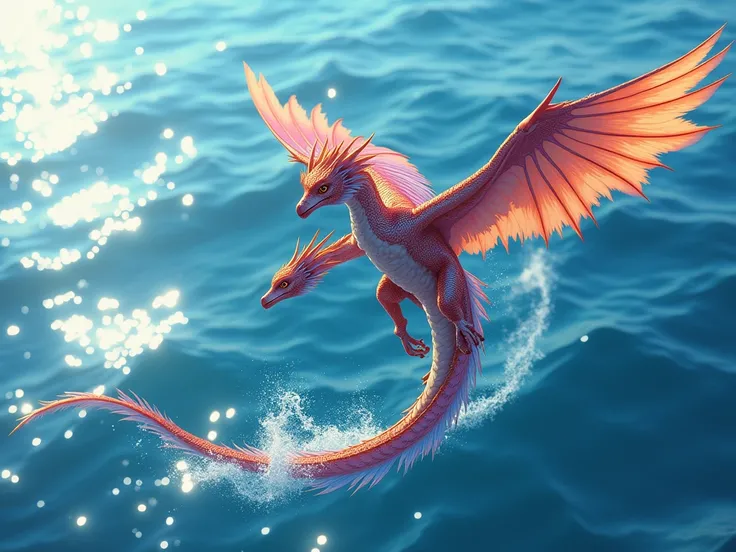  a bird from the sky super bright like a dragon , flying over the sea showing us the birds back from above, realistic detailed colors, deep, 8K,anime style saturated colors with fine details 