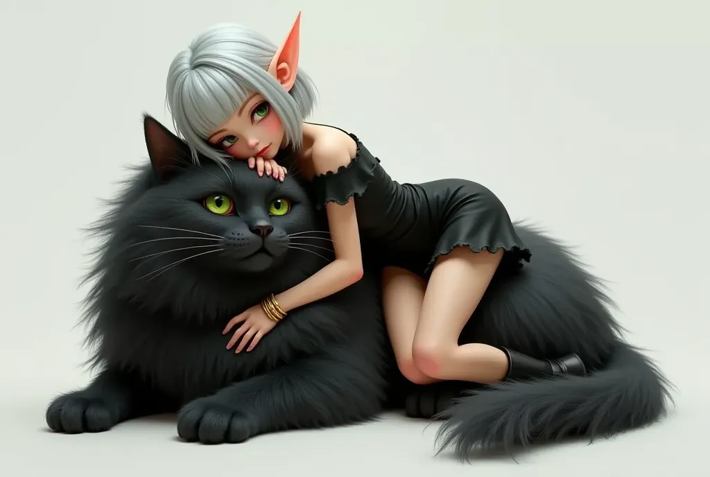 1 lady, solo, full body, a elven lady is sleeping on the back of a big fluffy black cat, silver bob cut, blunt bangs, green eyes...