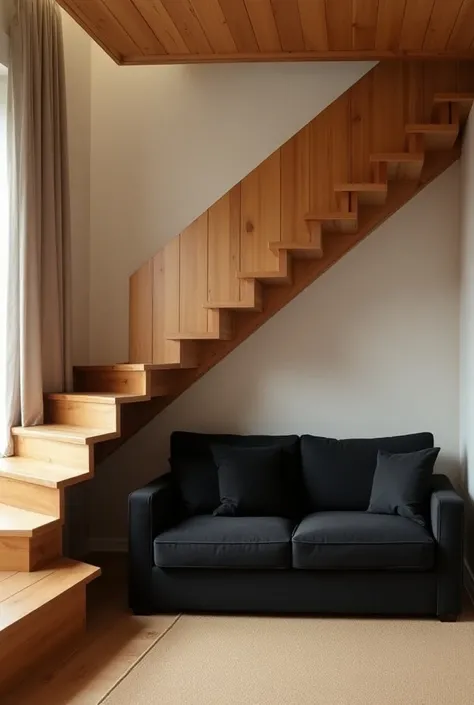 proposition design d’interieur: un escalier d’angle en bois se pi. vernis couleur miel. Sous la partie la plus longue de l’escalier, un canapé droit noir 3 places.
ATTENTION : l’escalier n’a pas de contremarche. mettre un tissu sous l’escalier, au dessus d...