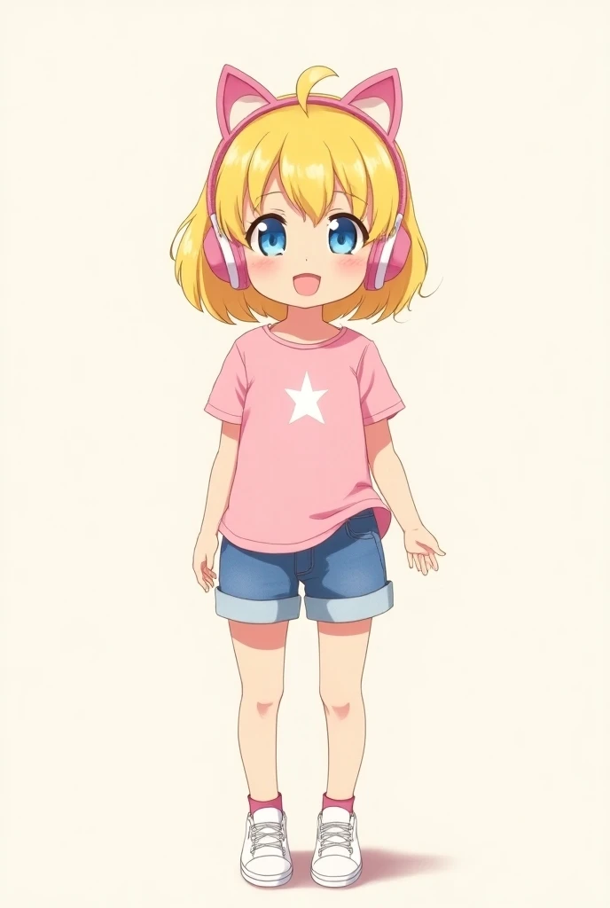 A yellow-haired teenager wearing pink cat headphones with a pink shirt and in the middle with a star wearing jeans shorts and white leather happy with a small mouth with blue eyes anime version