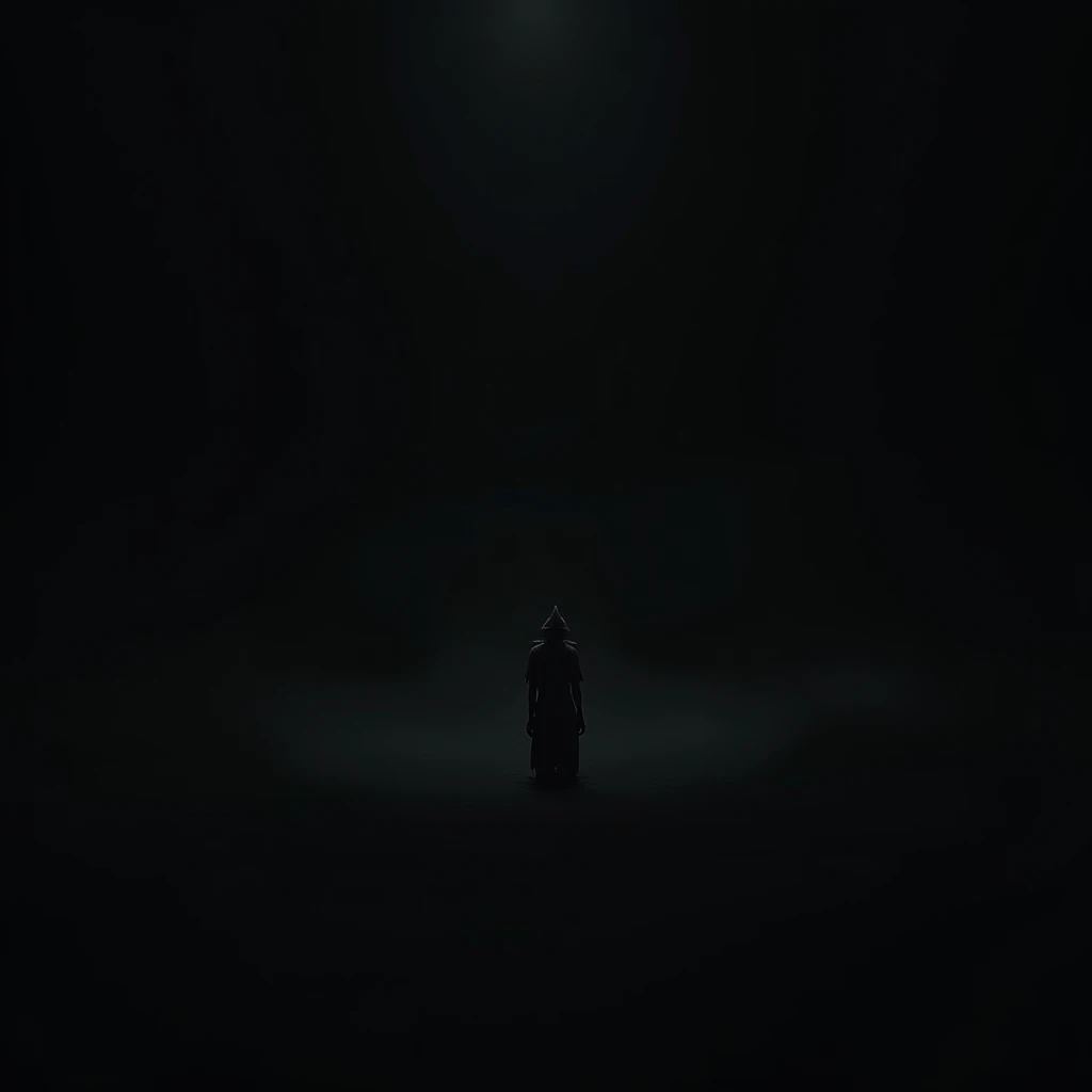 A person stands alone in pitch darkness.