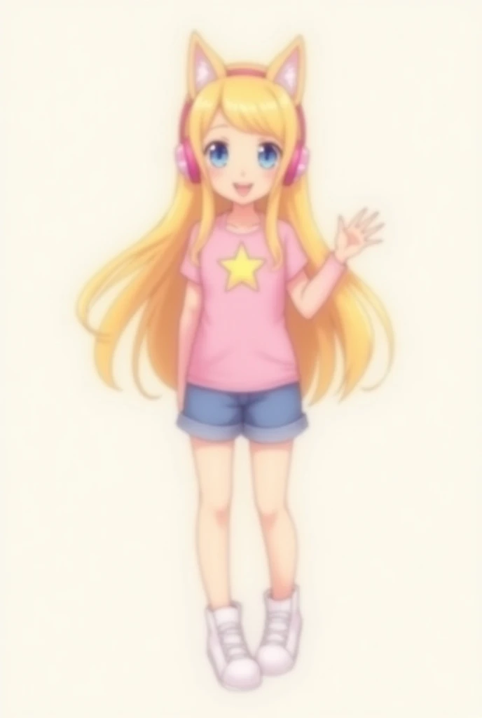 A teenager with long yellow hair wearing pink cat headphones wearing a pink shirt and in the middle with a star wearing jeans shorts and white leather happy with a small mouth with blue eyes anime version