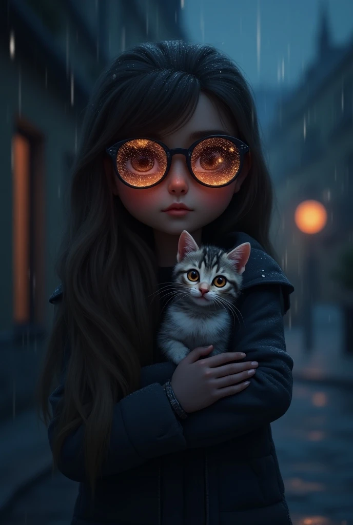 The model is wearing glass sunglasses with stars and the moon on the glassShow an image of Sara walking home at night, holding the small kitten close to her chest under her coat to shield it from the rain. She looks content and protective, while the kitten...