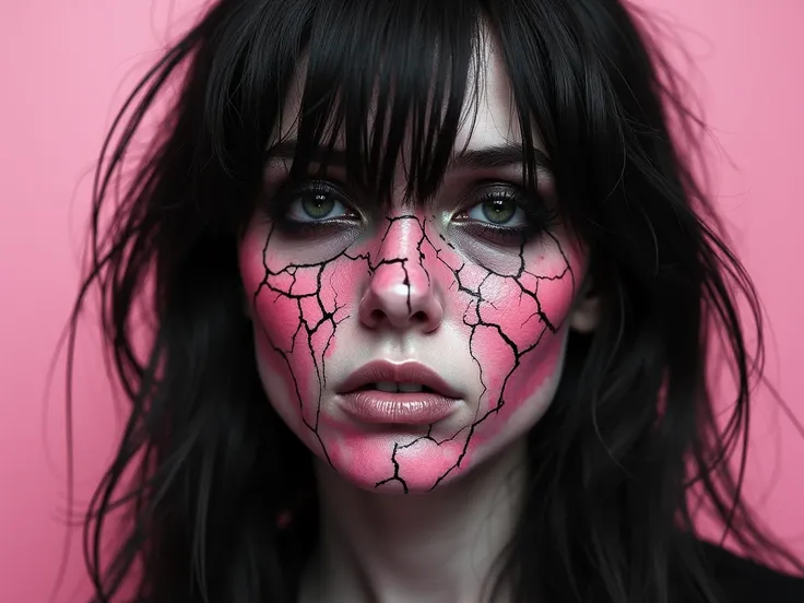 A black white and pink portrait of a Caucasian woman with long, disheveled dark hair covering his face, which appears to be cracked and weathered like dry, parched skin. Chromiasma, pinkpunk, decaying civilization,