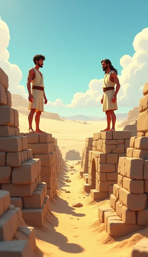 Create a Disney Pixar style wide shot of two men (one with short dark hair, wearing a simple tunic, and the other with long light brown hair, also in tunic) standing on two different pieces of land. One man is building a sturdy house with large stone block...