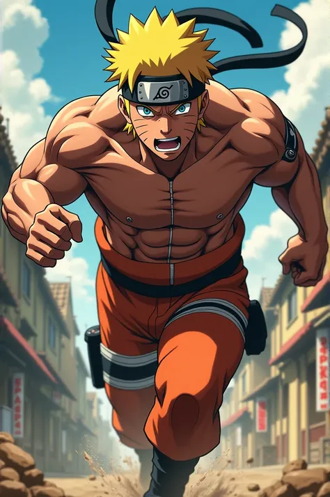 Giant muscular Naruto runs through town