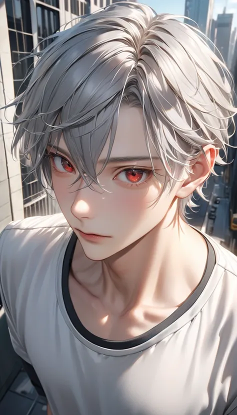  short and messy boy band members have gray hair, Red Eyes, Close-up photos, photorealistic,  wearing vest and sweatpants , Solid Color,  Future Cities , Dynamic camera angle,  full body beautiful anime style ,  clean and detailed face , Exquisite clothes,...