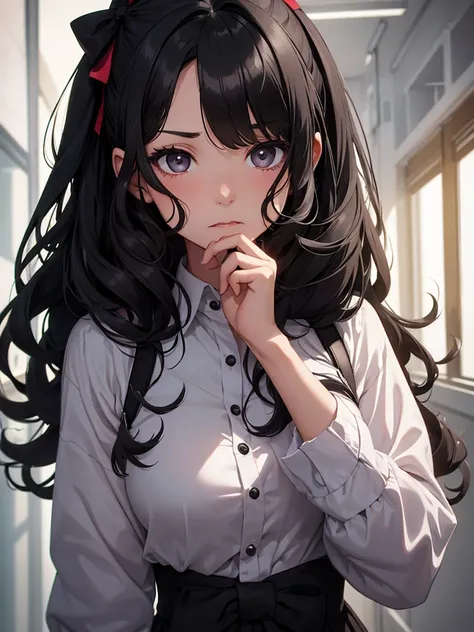 Girl with super curly black hair with dark eyes with a bow and date who has a cold outburst on her face and serious dark eyes