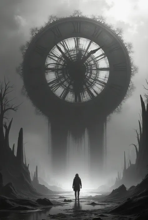 Create an image that reflects what its like to try to go back in time with a giant clock in the center in black and white 