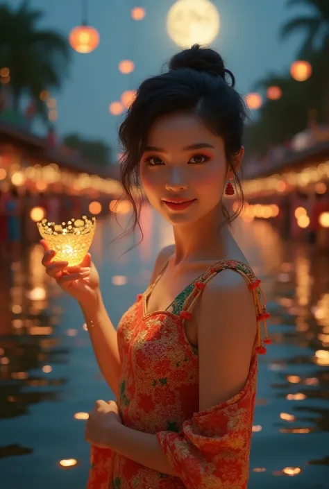 A beautiful Thai girl with a beautiful look, a lovely smile, wearing a beautiful Thai dress, a hand made of baitong, is on the water of Wanloi Krathong. Behind it is a bright moon and a lot of people come to Loi Krathong.