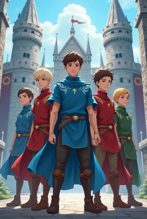 Four young elemental heroes standing infront of a castle in cool poses. Central hero is wearing blue tunic and hasbrown hair, the others have blue tunic, red tunic and green tunic