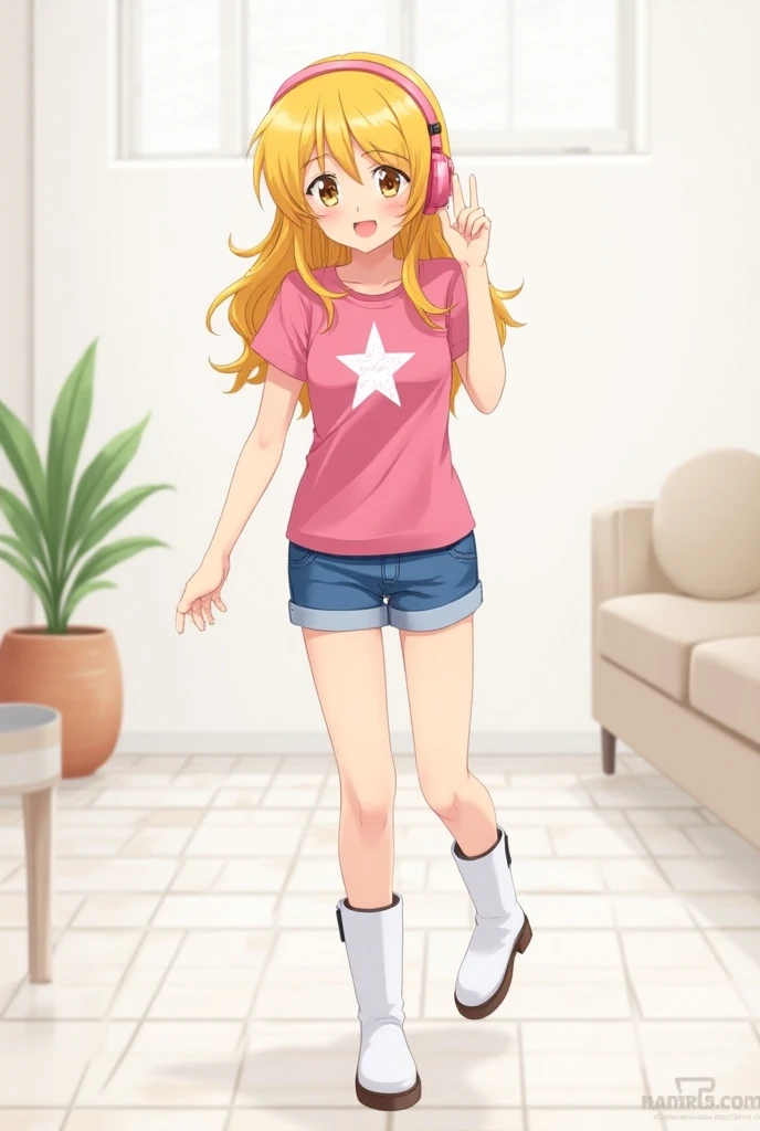 A yellow-haired teenager wearing pink headphones wearing a pink shirt and a white star and wearing short jeans happy with white boots anime version
