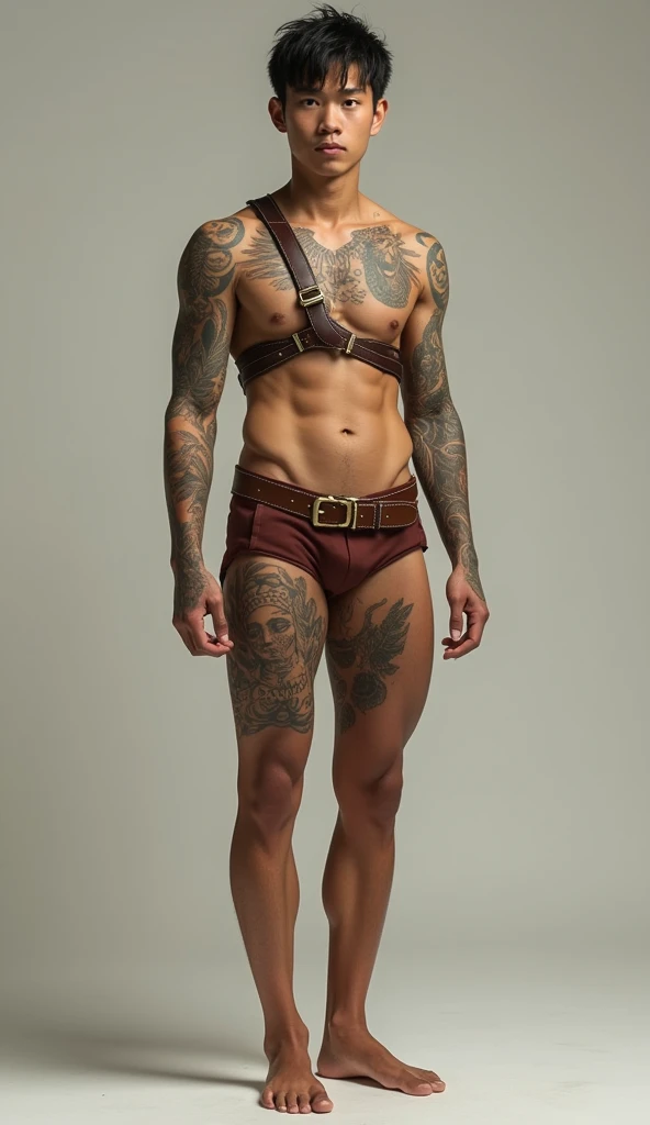 full-body portrayal of young male gay Cambodia , full-body tattoos, tan-skin, thin-bod , detailed face, detailed 2 leg ,tallish, wearing a bikini leather and chest leather