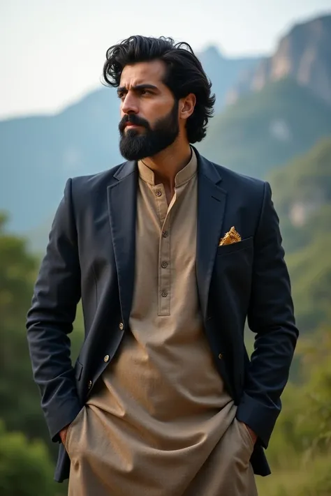 A tall, charismatic man with wavy black hair, a trimmed beard, and a confident expression, wearing a traditional shalwar kameez paired with a blazer. He stands against a backdrop of nature, perhaps in a park or near mountains, exuding a thoughtful and resi...