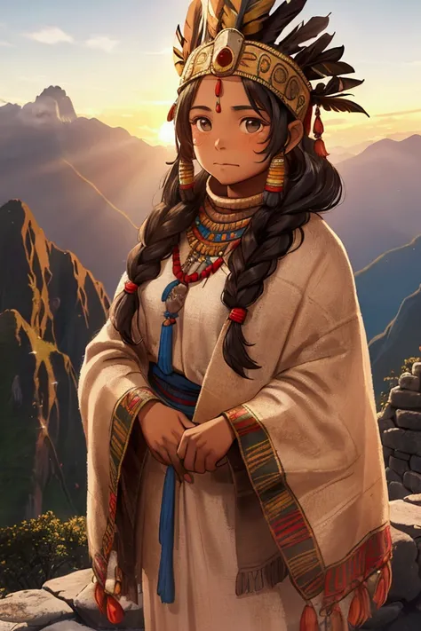  A young Inca of indigenous descent from Peru wearing a detailed traditional Incan style garment,  standing proudly in front of a spectacular mountainous landscape . An older Inca woman ,  with wrinkled skin and a woven shawl ,  is 1 meter away ,  both adm...