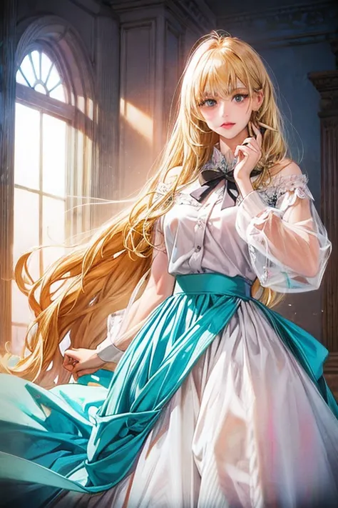 1 Girl , blond,  Blue Gemstone Eyes , Long hair,  A Beautiful Gorgeous Skirt、 High Quality 、carefully