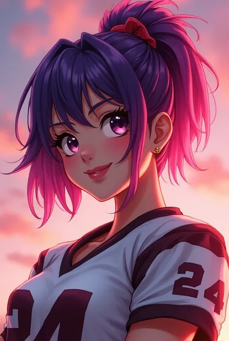 A woman in boots and team jersey, she has fringe in her hair, her eyes are black, her hair is plums on the front and pink in color, and she has a beautiful smile. 